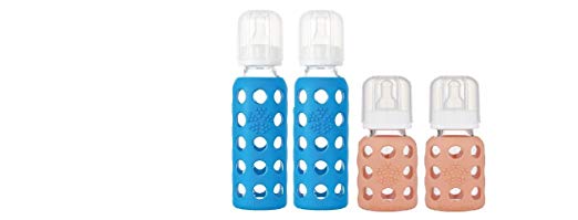 Lifefactory BPA-Free Glass Baby Bottles w/ Silicone Sleeve-4 Pack (9 oz.+4 oz. Orange & Ocean)