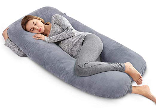AngQi Unique U Shaped Full Pregnancy Body Pillow with Zipper Removable Velvet Cover, 60-inch, Gray
