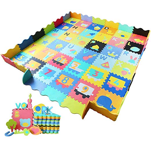 Baby Foam Play Mat with Fence - Interlocking Alphabet Crawling Mat with 36 Foam Floor Tiles