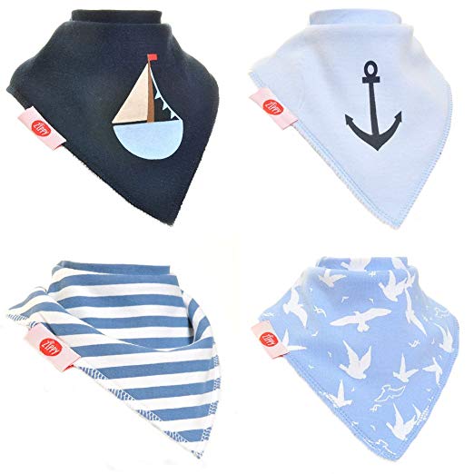 Zippy Fun Baby and Toddler Bandana Bib - Absorbent 100% Cotton Front Drool Bibs with Adjustable Snaps (4 Pack Gift Set) Boys Nautical Blues
