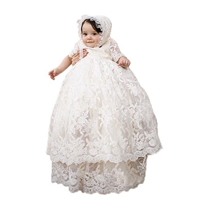 ABaowedding Baby Long Ivory Christening Gown Lace Baptism Dress with Bonnet