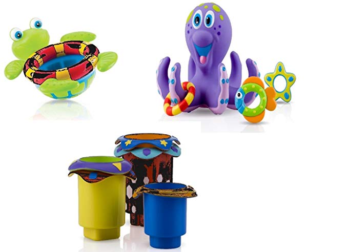 Nuby Bundle of 3 Toys - 5 Splish Splash Stacking Cups 6152, 1 Octopus Floating Bath Toy 6144, 1 Floating Turtle 6145, 18 M+