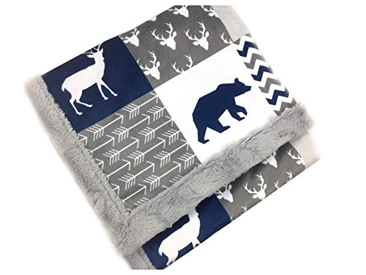 Deluxe Minky Baby Blanket, Woodland style in Navy and Gray, 28
