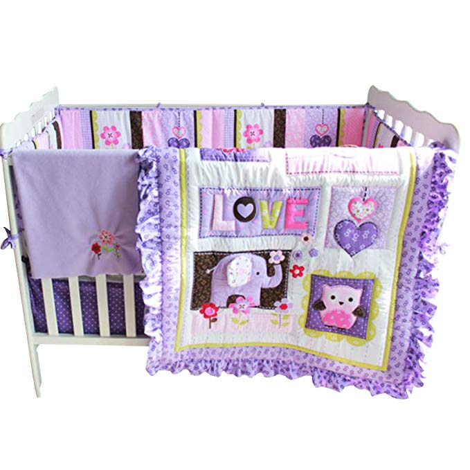 Brandream Crib Bedding Sets for Girls with Bumper Purple Owl and Elephant Nursery Bedding Set,8pcs