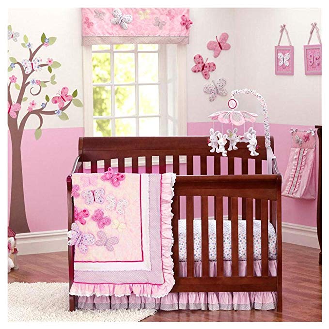 Brandream Butterfly Floral Crib Bedding Sets for Girls with Bumpers Shabby Chic Baby Bedding Pink, Ideal, 7 Pieces