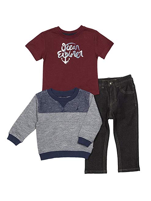 Nautica Baby Boys' French Terry Pullover, Tee and Denim Jogger Set