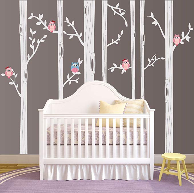 Nursery Birch Tree Wall Decal Set With Owl Birds Forest Vinyl Sticker, Birch Tree Wall Decal, Birch Tree Decal Baby Boy Whimsical Owls (7 trees) #1321 (96