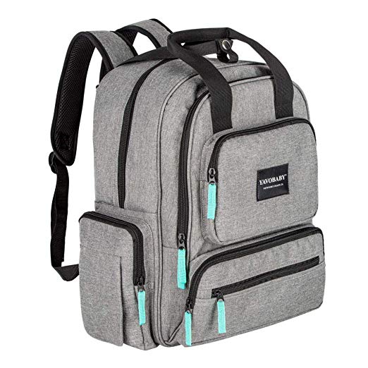 YavoBaby Diaper Bag Backpack - Large Capacity 18 Pocket Multi-Functional Unisex Travel Backpack - Durable and Stylish - Free Changing Pad, Stroller Straps, and Nursing Pouch - Gray w/Teal Tags