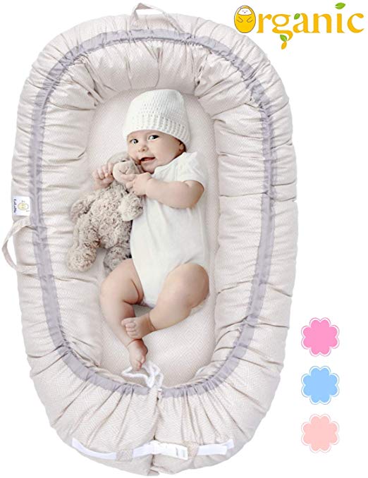 Organic Newborn Lounger | Baby Snuggle Nest | Portable Baby Bed for Infants & Toddlers 0-24 Month | Blue, Pink, Beige Colors for Girls and Boys | Use as Bassinet, Play Pillow, Mobile Crib (Beige)