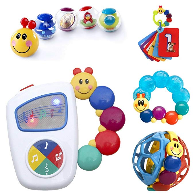 Baby Einstein 9-Piece Essentials Bundle - Take Along Tunes, Shake & Teethe, Caterpillar Rattle and Teethe, Bendy Ball and Roller-Pillar Activity Balls