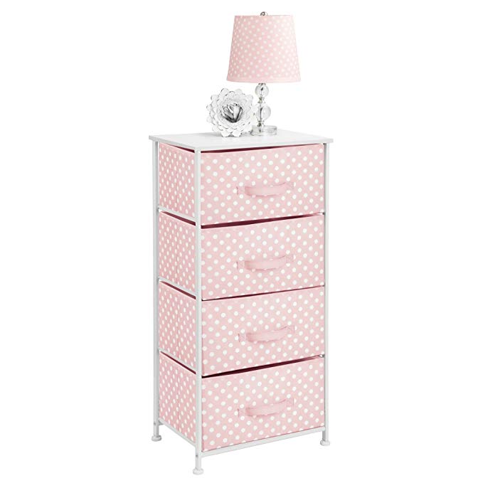 mDesign 4-Drawer Vertical Dresser Storage Tower - Sturdy Steel Frame, Wood Top and Easy Pull Fabric Bins - Multi-Bin Organizer Unit for Child/Kids Bedroom or Nursery - Light Pink with White Polka Dots