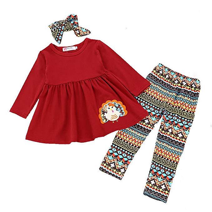 BELS Thanksgiving Day Toddler Baby Girls Red Long Sleeve Turkey Dress Romper + Turkey Pants with Headband Outfit