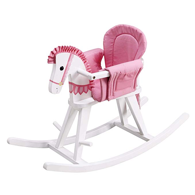 Teamson Kids - Safari Wooden Rocking Horse with Removeable Safety Surround Pad for Toddlers - White / Pink