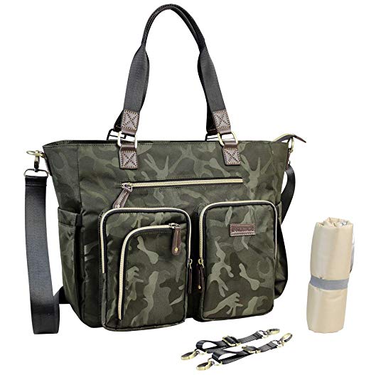 INNO Stage Diaper Tote Diaper Bag for Mums with Waterproof Changing Mat and Stroller Straps, Best Stylish Mommy Handbags for Baby Nappy-Green Camo