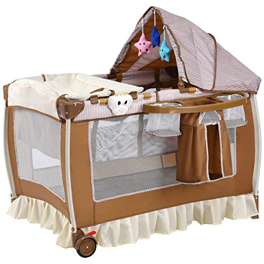 Costzon Baby Playard, Convertible Playpen with Bassinet, Changing Table, Foldable Infant Crib Travel Bassinet Bed with Music Box, Cute Toys, wheels & Brake, Travel Ready with Oxford Carry Bag (Brown)