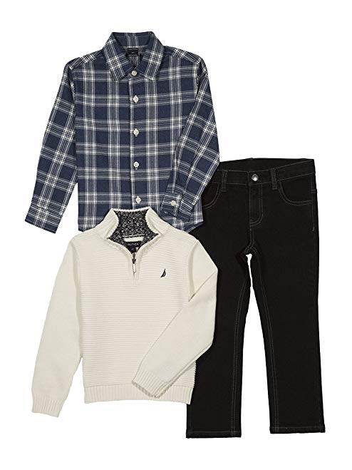 Nautica Baby Boys' Zip Sweater, Long Sleeve Shirt, and Denim Pant Set