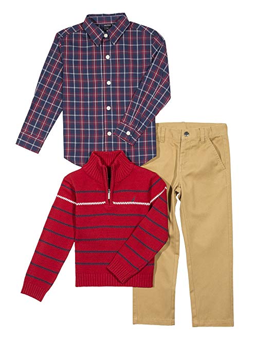 Nautica Baby Boys' Zip Sweater, Long Sleeve Shirt, and Twill Pant Set