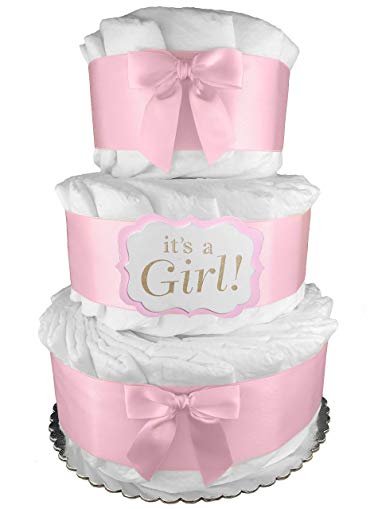 Pink It's a Girl 3-Tier Diaper Cake - Baby Shower Gift - Centerpiece