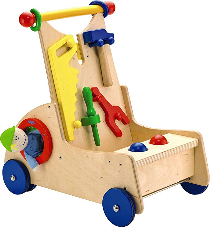 HABA Walk Along Tool Cart - Wooden Activity Push Toy for Ages 10 Months and Up