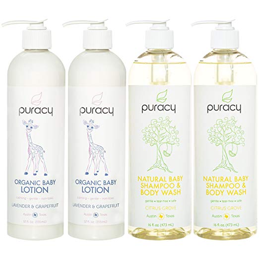 Puracy Organic Baby Care Gift Set, Calming Lotion and Natural Baby Wash, Sulfate-Free, Toxin-Free, Developed by Doctors, (Pack of 4)