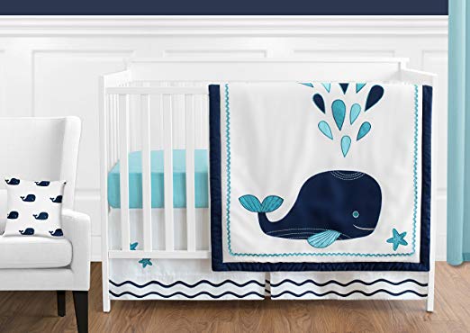 Sweet Jojo Designs 11-Piece Turquoise, Navy Blue and White Whale Nautical Ocean Baby Boys or Girls Crib Bedding Set Without Bumper