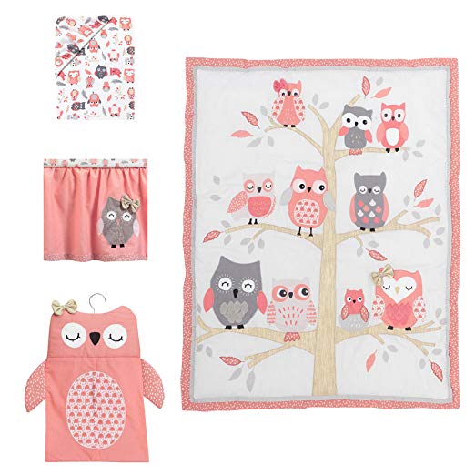 Lambs & Ivy Family Tree Coral/Gray/Gold Owl 4 Piece Crib Bedding Set