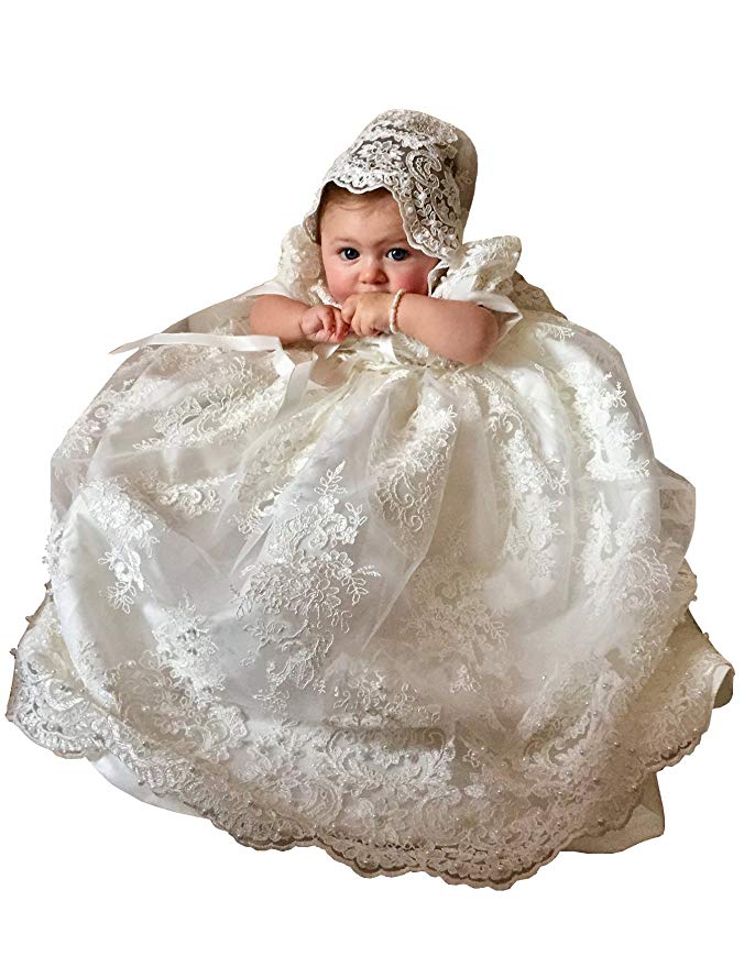 Aorme Baptism Dress Beading Lace Long Christening Gowns For Girls With Bonnet