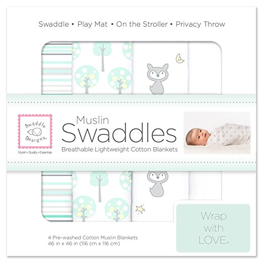 SwaddleDesigns Cotton Muslin Swaddle Blankets, Set of 4, Green Woodland and Pure White