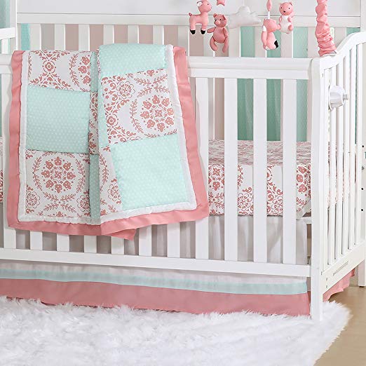 Mint Green and Coral Patchwork 3 Piece Baby Crib Bedding Set by The Peanut Shell