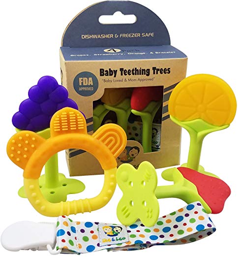 Ike & Leo Teething TREES -Baby Infant and Toddler Toys, Best for Sore Gums Pain Relief, Eco Friendly BPA Free & Freezer Safe, Set of 4 Silicone Teethers WITH Pacifier Clip