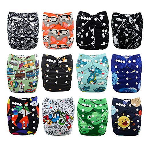 Babygoal Baby Adjustable Reuseable Pocket Positioning Cloth Diaper Nappy 12pcs + 12pcs 5-layer Charcoal Bamboo Reusable Inserts 12FB01-3
