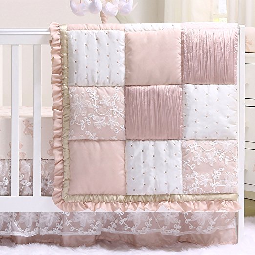 Grace 4 Piece Baby Girl Dusty Pink Floral Layered Patchwork Crib Bedding Set