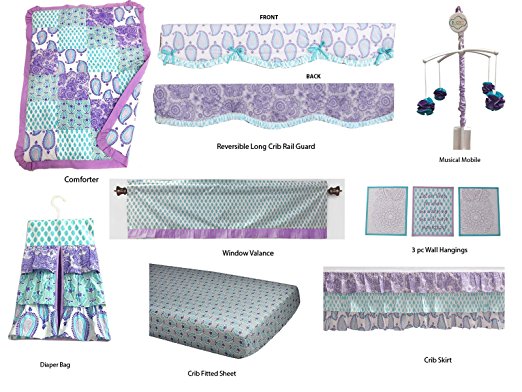 Bacati Isabella Paisley Girls 10 Piece Nursery-in-A-Bag Crib Bedding Set with Long Rail Guard, Lilac/Purple/Aqua