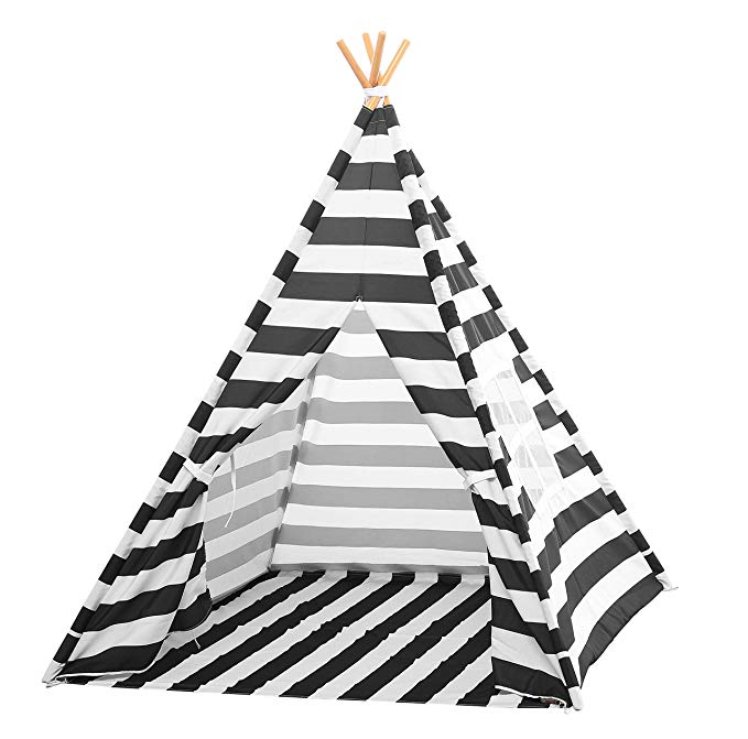 Deluxe Kids Teepee Play Tent in Cotton Canvas with Attached Floor, Window, Bamboo Poles, and Carrying Case (Black/White Stripes)