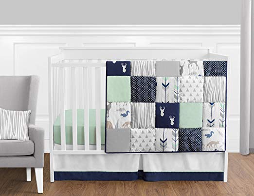 Sweet Jojo Designs 11-Piece Navy Blue, Mint and Grey Woodsy Deer Boys Baby Bedding Crib Set Without Bumper