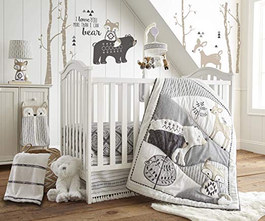 Levtex Baby Bailey Charcoal and White Woodland Themed 5 Piece Crib Bedding Set, Quilt, 100% Cotton Crib Fitted Sheet, 3-tiered Dust Ruffle, Diaper Stacker and Large Wall Decals