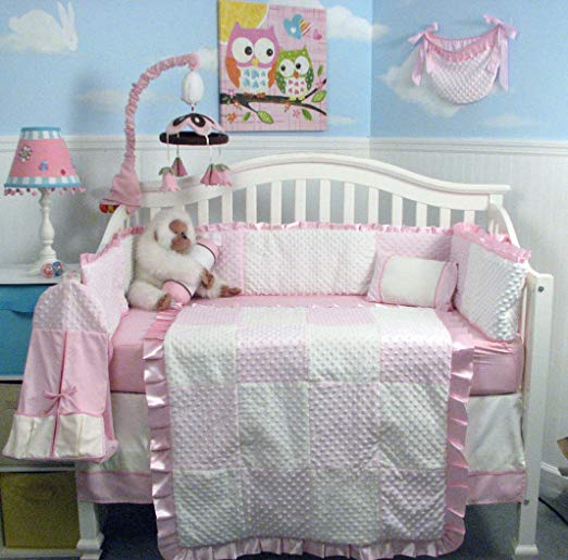 New Pink Minky Dot Chenille Baby Crib Nursery Bedding Set 13 pcs included Diaper Bag with Changing Pad & Bottle Case