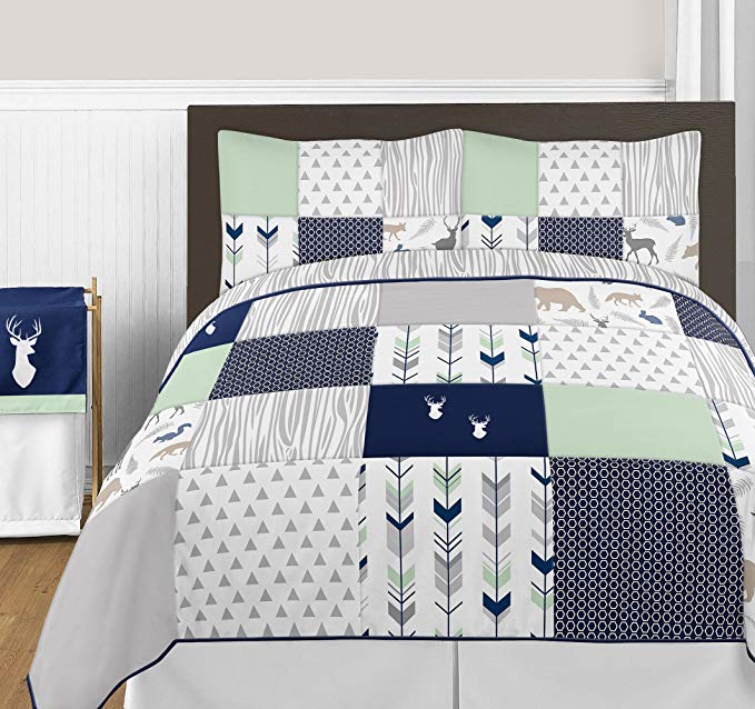 Sweet Jojo Designs 3-Piece Navy Blue, Mint and Grey Woodsy Deer Girls Full/Queen Bedding Set