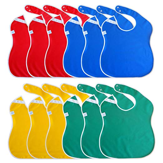 Large Toddler Bib. Waterproof with Snaps. Wide Coverage Helps Keep Stains Off Your Child’s Clothing. Plain Color Baby Gift Set Pack of Boy and Girl Bibs. (12 Pack, RBYG (18-48 Months))