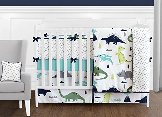 Sweet Jojo Designs 9-Piece Navy Blue and Green Modern Dinosaur Baby Boys or Girls Crib Bedding Set with Bumper