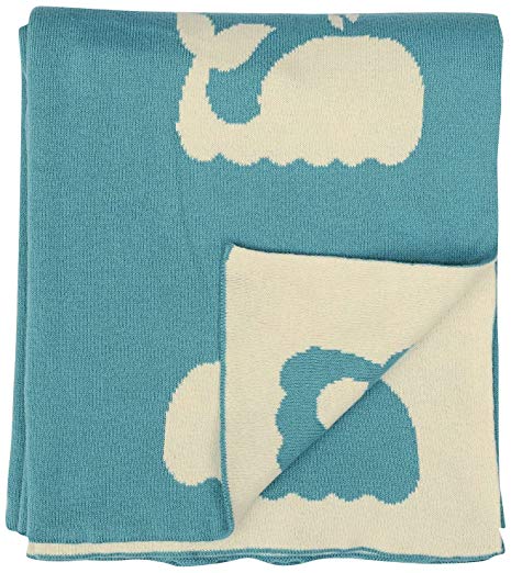 DARZZI Whale Knitted Baby Blanket, Turquoise/Natural, 35