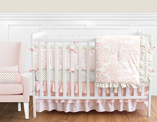 Sweet Jojo Designs 9-Piece Blush Pink White Damask and Gold Polka Dot Amelia Baby Girls Crib Bedding Set with Bumper
