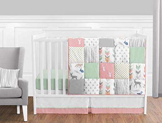 Sweet Jojo Designs 11-Piece Coral, Mint and Grey Woodsy Deer Girls Baby Bedding Crib Set Without Bumper