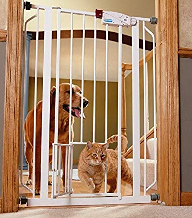 Indoor Double Door Pet Gate Deluxe Convenient Walk-through Design Easy One-touch Release Handle for Dogs & Cats