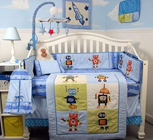 SoHo Stars and Robots Complete Nursery Bedding Set with Diaper Bag PLUS FREE BLUE BABY CARRIER for limited time offer only!!!