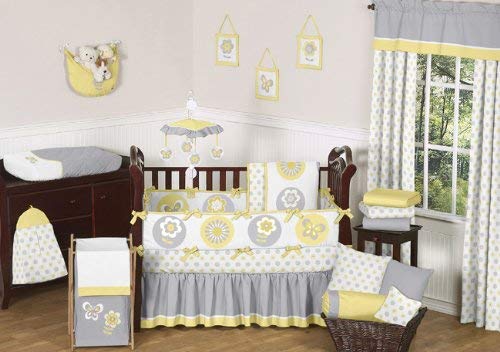 Sweet Jojo Designs 9-Piece Yellow, Gray and White Mod Garden Baby Girl Flower and Butterfly Crib Bedding Set Collection