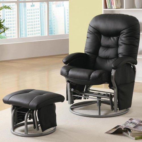 2PC Modern Swivel Rocking, Gliding Recliner Chair With Ottoman In Black Leatherette. (Item# Vista Furniture CF600227)
