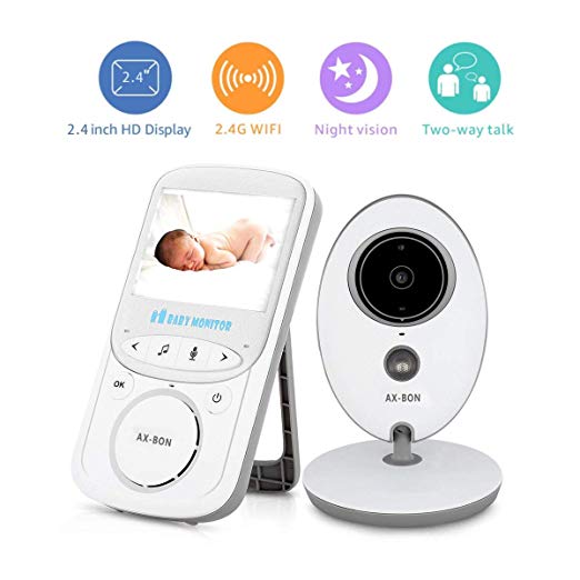 AXBON Wireless Video Baby Monitor with Infrared Night Vision Camera (2.4 inch LCD) Two-Way Audio,Temperature Monitoring, Rapid Recharge Technology and Power Save Mode