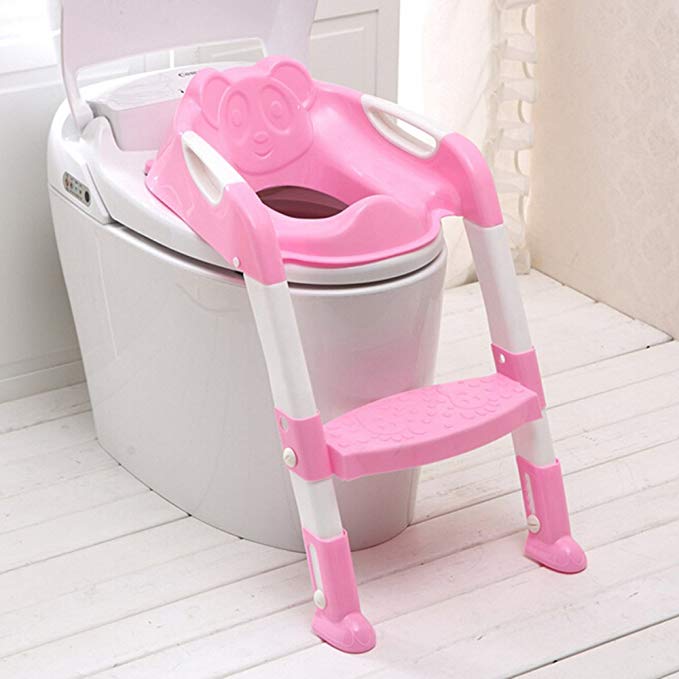 Genmine Potty Toilet Seat With Ladder for Kids Baby, Children’s Toilet Seat Chair Step Trainer Ladder Toddlers Toilet Training Step Stool Cover With Handles Toilet Folding Chair for Boys Girls (Pink)