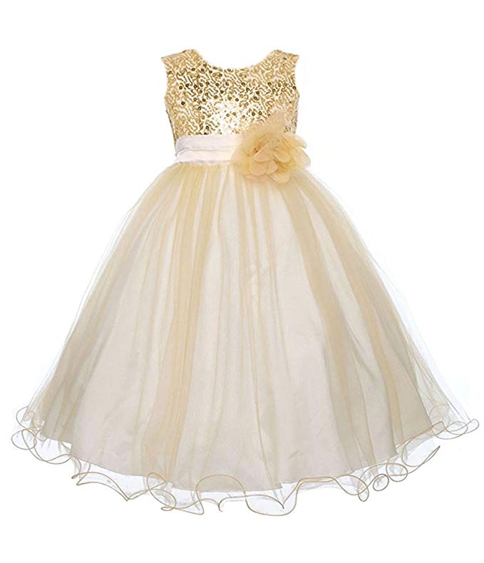 Absolutely Beautiful Sequined Bodice with Double Tulle Skirt Party flower Girl Dress-KD305-Gold-10
